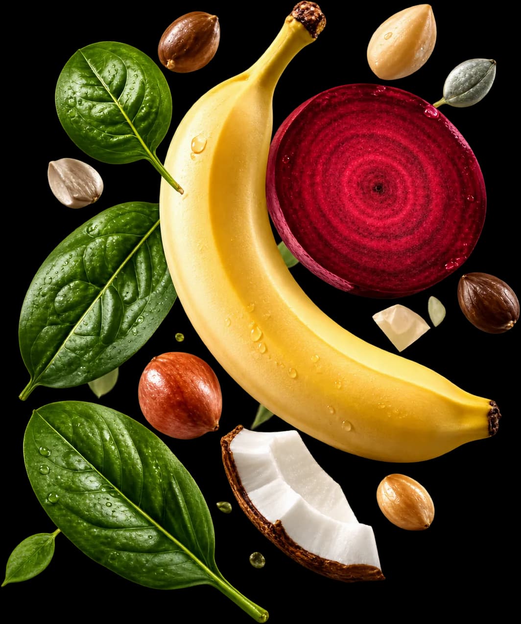 Spinach, sunflower and pumpkin seeds, beetroot, banana and coconut